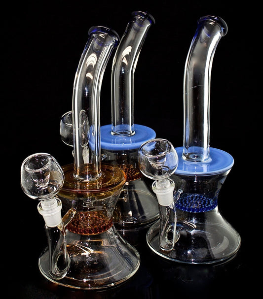 2021 Two Functions Disc Glass Bubbler Bent Neck Glass Water Bongs With Honeycomb And Whirl Perc Smoking Water Pipe With Full Attachment