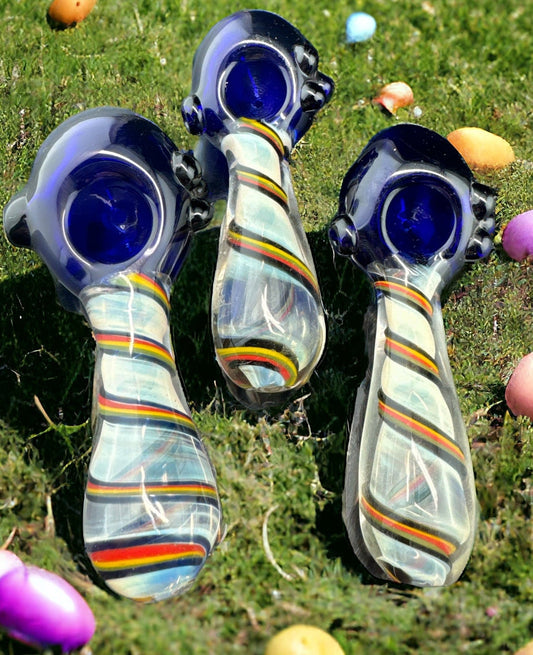 Rasta Color Swirl Striped Double Bowl Glass Pipe - 4210