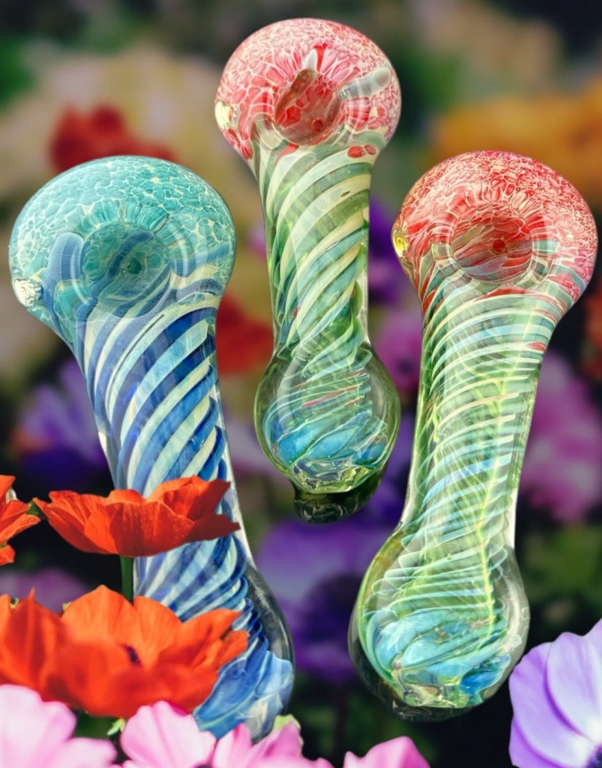 Thick Spiral Frit Silver Fumed Glass Pipe  -4215