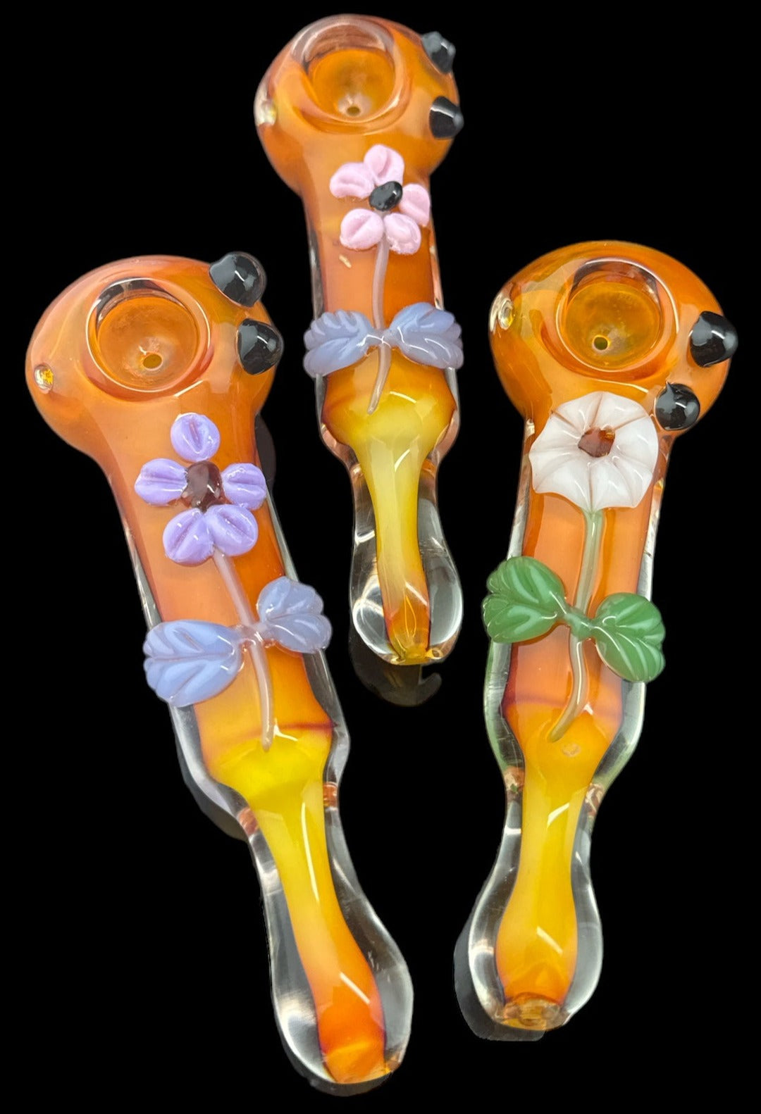 Flowers & Leaf - Glass Floral Pipes - Beautiful Girly Pipe - Cute Handmade Pipe 5,5"Gold Flaming -4256