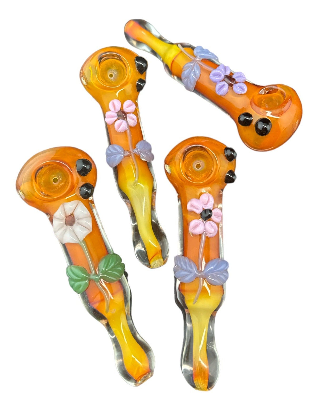 Flowers & Leaf - Glass Floral Pipes - Beautiful Girly Pipe - Cute Handmade Pipe 5,5"Gold Flaming -4256